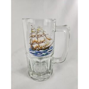 Vtg XL Anchor Hocking Glass Beer Mug Sailboat Boat Windjammer Clipper Ship Sail